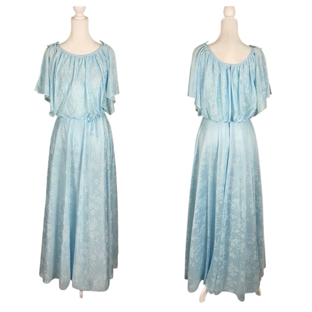 Vintage Blue Maxi Dress 60s 70s Tie Shoulder Flounce Damask Floral Lined Long. S
